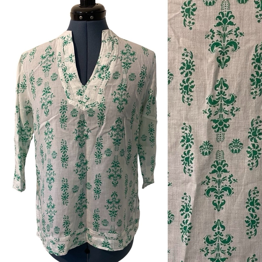Anthropologie Creme Fraiche Green White Fleur de Lis Oversized Tunic Beach XS